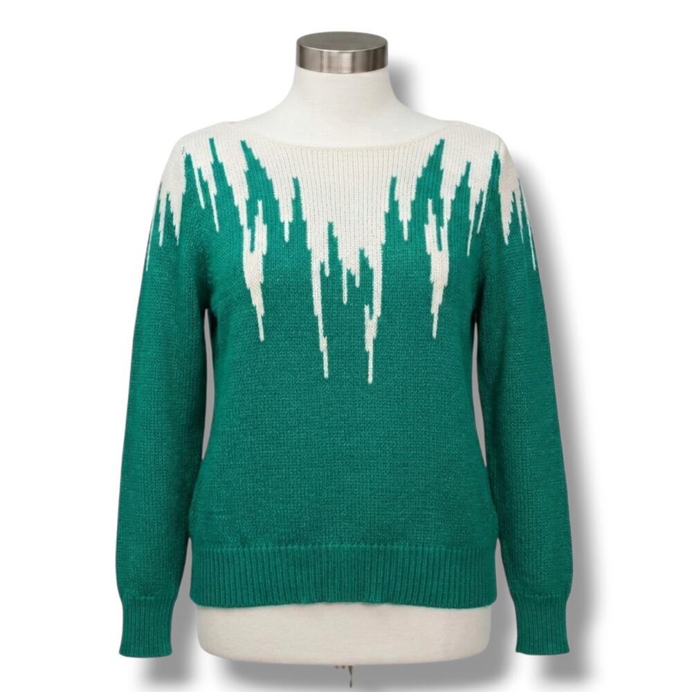 Inspiration Vintage Women's Size S Green White Icicle Graphic Knit Sweater